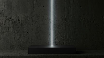 Obraz premium Black rectangular podium with vertical neon light beam on dark textured concrete background and platform ideal for product display