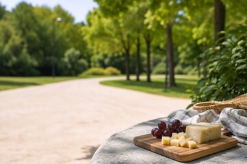 Fototapeta premium Gourmet cheese and red grapes on a wooden board in a sunny park. Outdoor picnic snack with blue cheese and fruit. Summer leisure and healthy eating concept