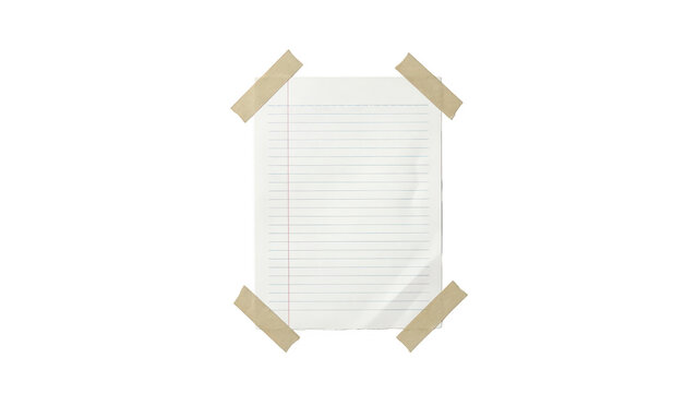 A vertical sheet of white lined notebook paper secured with four pieces of brown adhesive tape, isolated on a white background, for notes