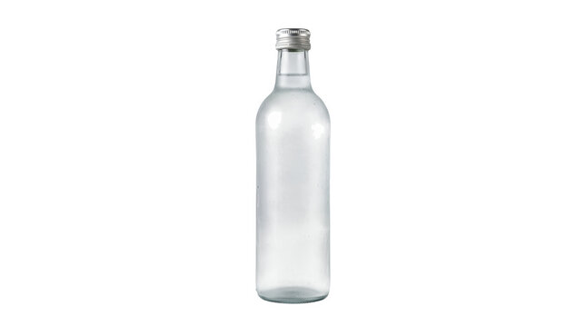 Clear glass bottle with silver screw top cap isolated on transparent background
