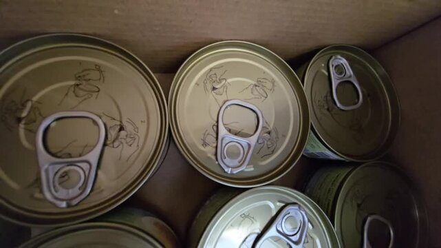 Top-down view of several sealed food cans with pull-tab lids inside a cardboard box.