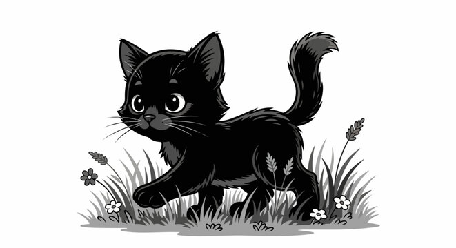 Black Cat Walking in Grass.