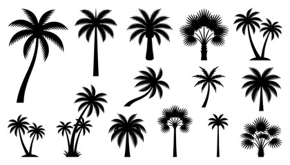 Obraz premium Palm Tree Icon Set with Black Silhouette Shapes on White Background for Tropical Travel Design and Vector Graphics