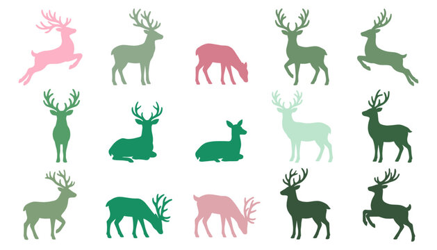 Reindeer Silhouettes Set with Pastel and Dark Green Antlers in Flat Vector Style for Winter Design Projects