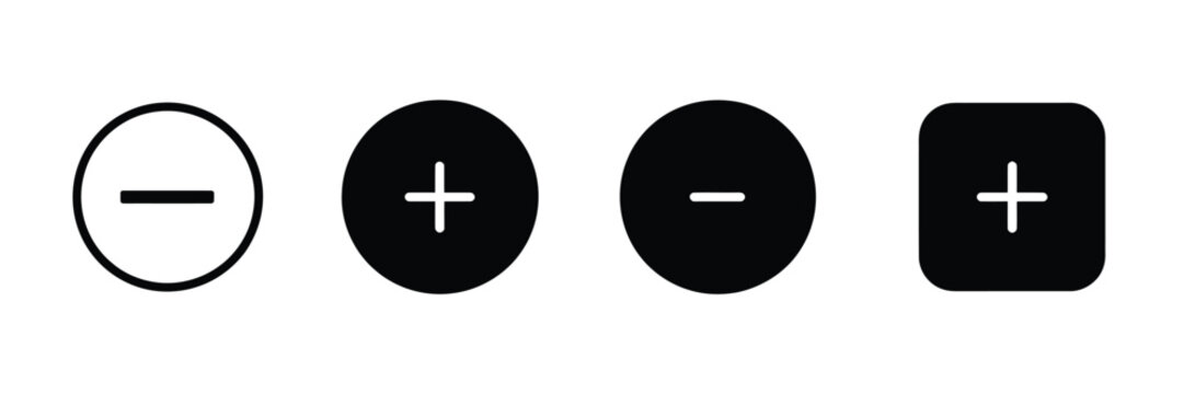 Plus and minus icon set with solid circle and square symbols for web interfaces