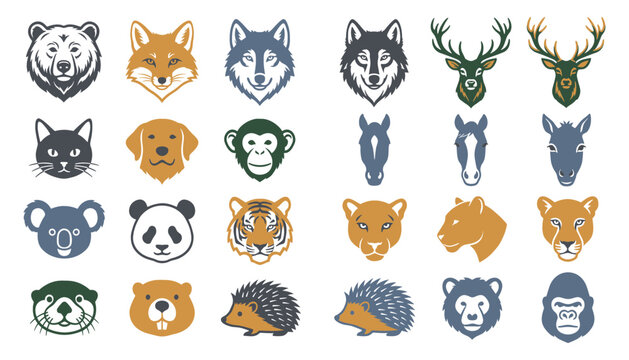 Animal Head Icons Set with Various Cartoon Faces, Including Dog, Cat, Panda, Tiger, Bear, and Deer in Flat Style