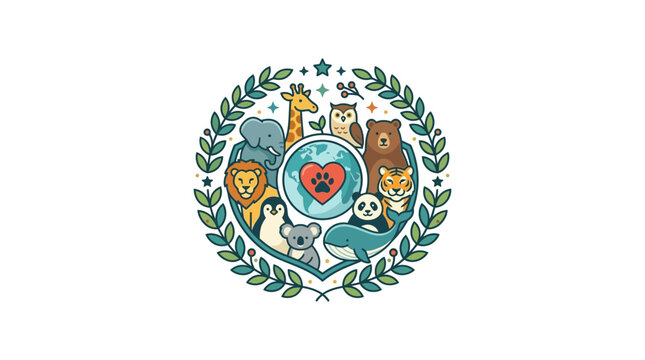 Cute Animals Circle Emblem with Earth and Heart Paw Print