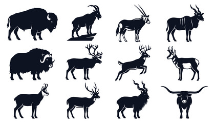 Animal Silhouette Set with Bison, Buffalo, Deer, and Antelope Icons in Dark Navy Vector Style on White © Arzuman
