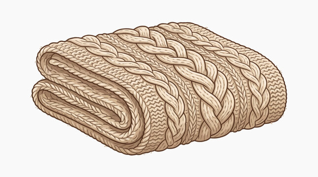 A folded beige knitted scarf with braided texture on a white background