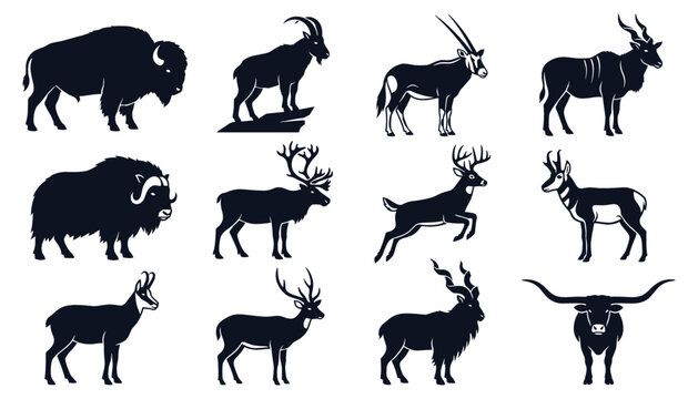 Animal Silhouette Set with Bison, Buffalo, Deer, and Antelope Icons in Dark Navy Vector Style on White