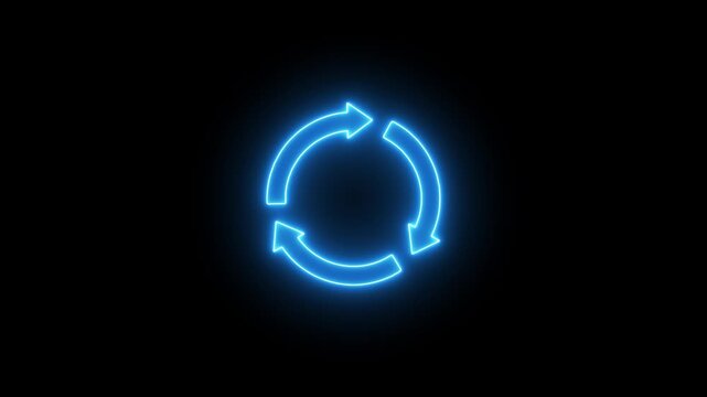 Cyan neon circular arrows rotation cycle animation on dark background