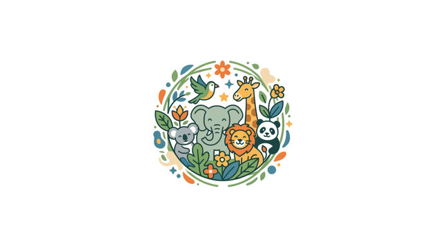 Cute Cartoon Animals Circle Illustration with Flowers and Leaves