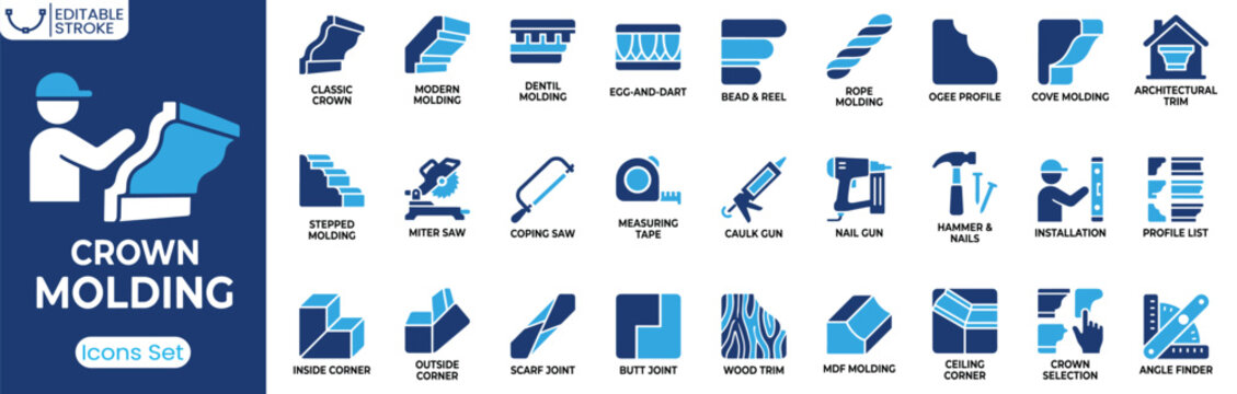 Crown molding icon set. Containing classic crown, modern molding, miter saw, coping saw, caulk gun, nail gun, inside corner, wood trim and more. Solid vector icons collection