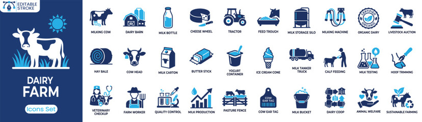 Dairy farm icon set. Containing milking cow, dairy barn, milk bottle, cheese wheel, tractor, milk testing, veterinary checkup, sustainable farming and more. Solid vector icons collection © ToufikGlyph