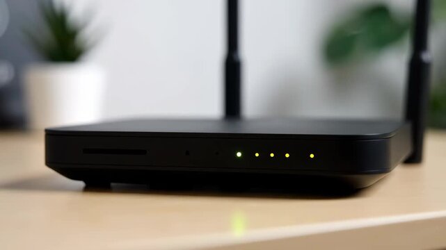 Close-up of home wireless router, router working status display