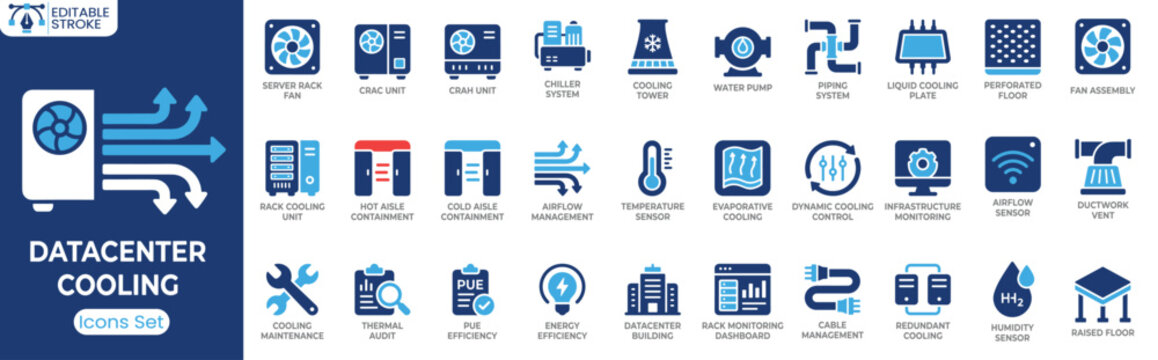 Datacenter cooling icon set. Containing server rack fan, CRAC unit, chiller system, cooling tower, airflow management, temperature sensor, liquid cooling, rack monitoring and more. Solid vector icons 