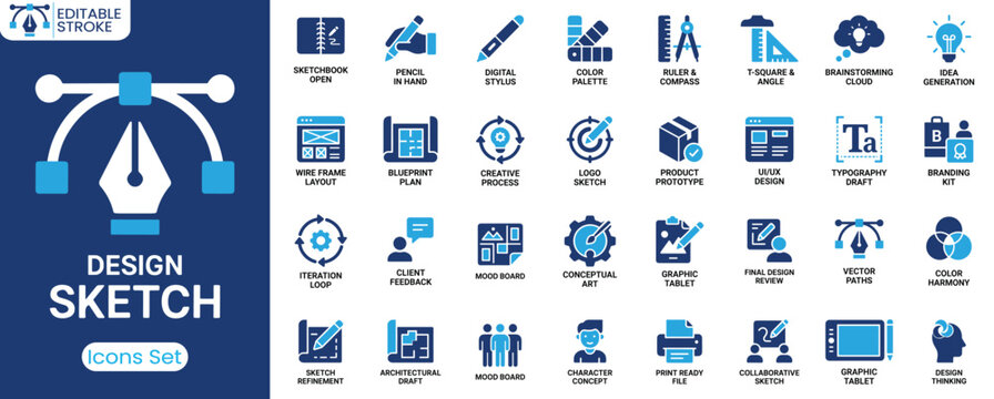 Custom design sketch icon set. Containing sketchbook, digital stylus, color palette, wireframe layout, logo sketch, UI UX design, mood board, graphic tablet and more. Solid vector icons collection
