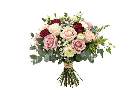 A vibrant bridal bouquet featuring a mix of deep red roses, soft pink roses, green fern leaves, eucalyptus, and baby breath, white background