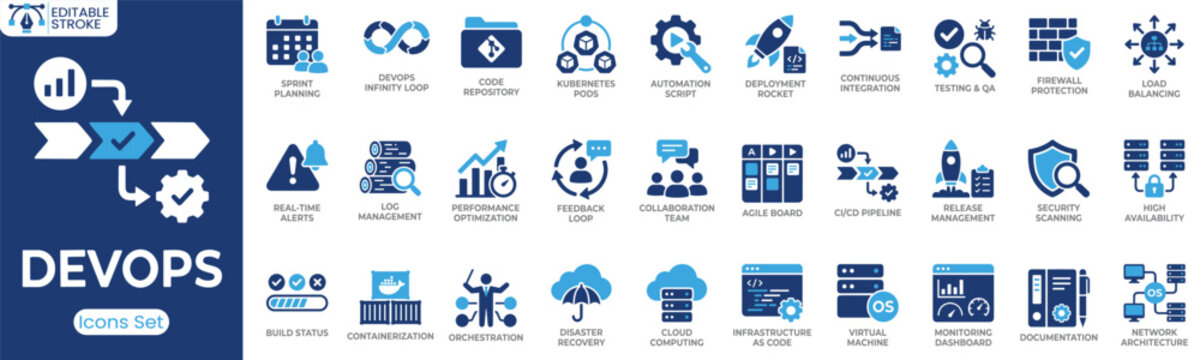 DevOps icon set. Containing sprint planning, code repository, Kubernetes, continuous integration, deployment, testing, cloud computing, infrastructure as code and more. Solid vector icons collection