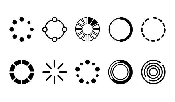 Loading Spinner and Progress Indicator Icon Set with Circular Buffer, Refresh, Waiting, and Processing Symbols for UI Vector Design