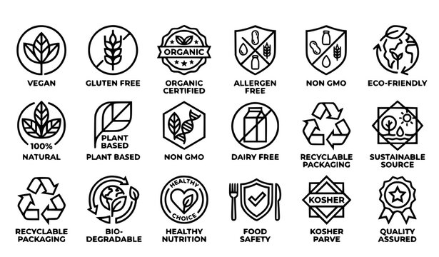 Healthy Food Certification and Eco Packaging Icon Set Featuring Vegan, Organic, Plant Based, Kosher, Recyclable, and Sustainable Quality Labels