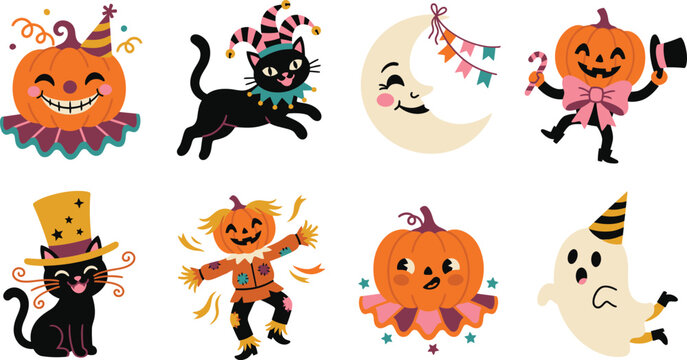 Set of cute vintage style halloween illustrations featuring pumpkins black cats a ghost and a moon character for festive holiday season designs