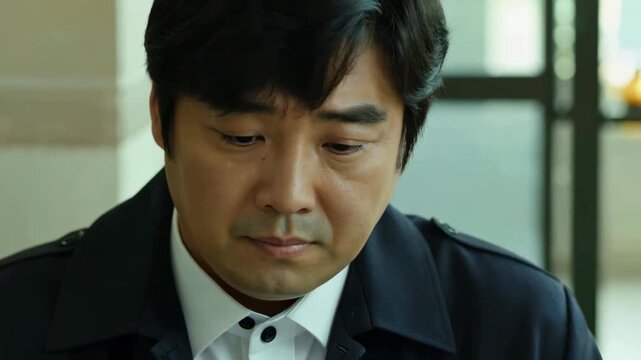A man's head bowed with a solemn expression, a close-up of a middle-aged man contemplating