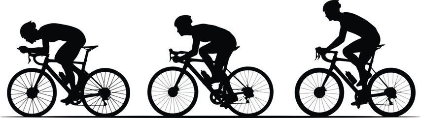 Obraz premium Silhouette of three cyclists in different riding positions on road bikes