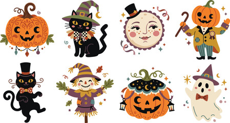 Fototapeta premium Set of cute vintage style halloween illustrations featuring pumpkins black cats ghosts a scarecrow and moon characters on a white background