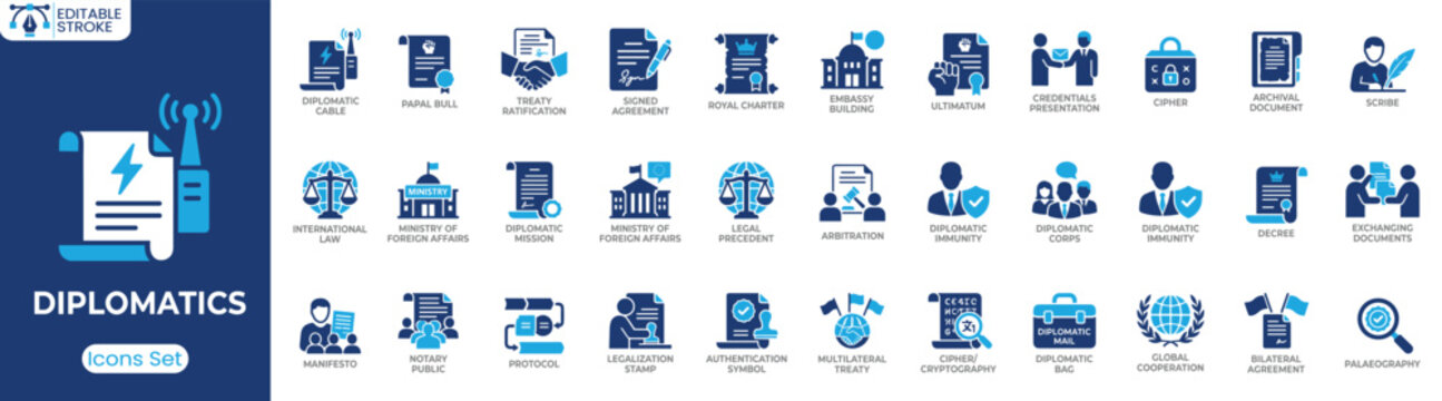 Diplomatics icon set. Containing diplomatic cable, treaty ratification, signed agreement, embassy building, international law, diplomatic immunity, protocol, global cooperation and more. Solid vector 
