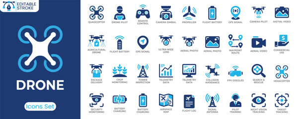 Drone icon set. Containing quadcopter, drone pilot, remote control, camera gimbal, propeller, flight battery, aerial photography, package delivery and more. Solid vector icons collection © ToufikGlyph
