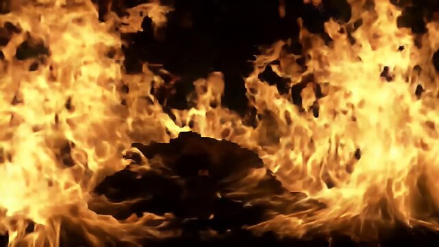 Vibrant orange flames dance and flicker against a dark background.