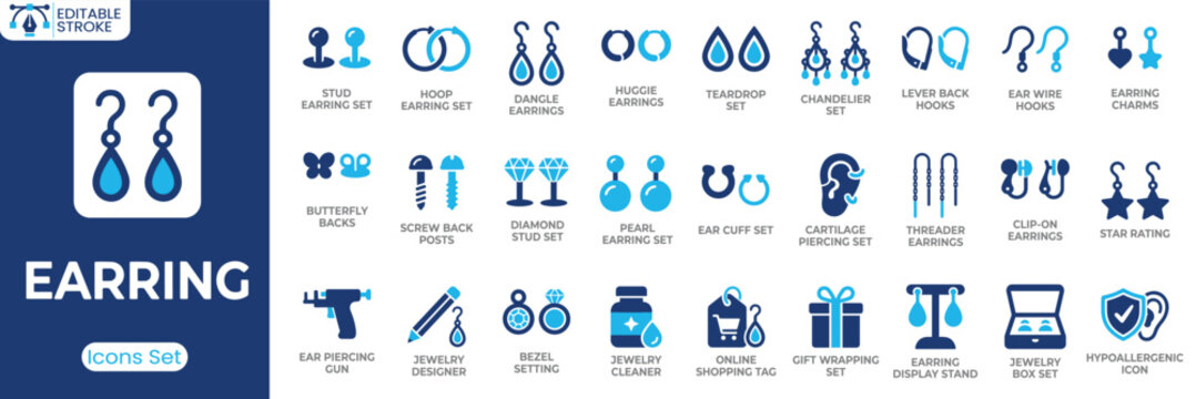 Earring icon set. Containing stud earrings, hoop earrings, dangle earrings, huggee earrings, teardrop earrings, pearl earrings, ear cuff, jewelry box and more. Solid vector icons collection