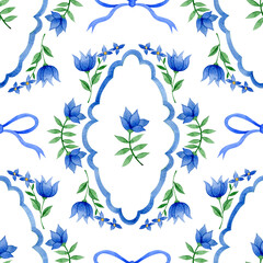 Fototapeta premium Whimsical pattern featuring vintage frames with flowers and ribbons; watercolor illustration.