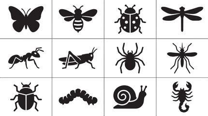 Insect icons set, bug silhouettes collection, 12 black vector graphics, creepy crawly symbols © MHK