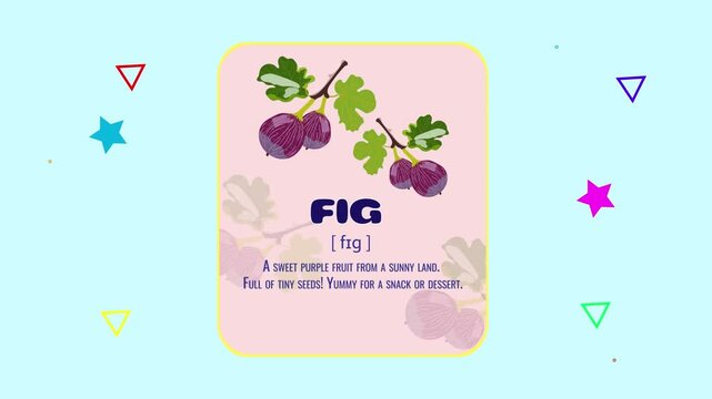 Fig fruit flashcard motion graphics animation with floating geometric shapes