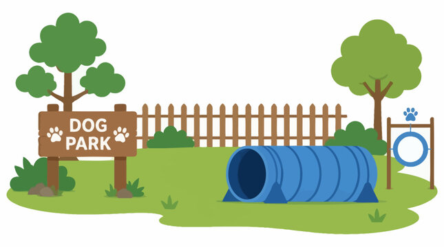 Outdoor dog park with agility tunnel and fence.