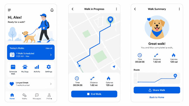 Dog walking mobile application user interface screens.