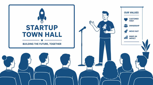 Startup town hall meeting with speaker and audience.