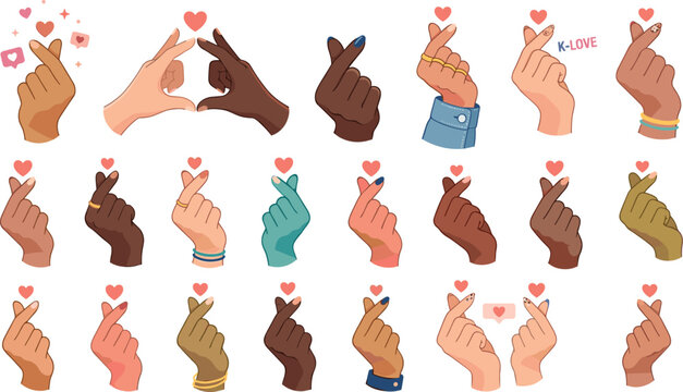 Korean Finger Heart Vector Illustration Set Featuring Diverse Hand Gestures, Romantic Pop Culture K-Love Symbols, and Smartphone Social Media Hearts