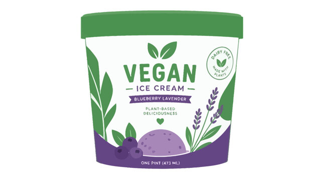 Vegan blueberry lavender ice cream tub packaging.