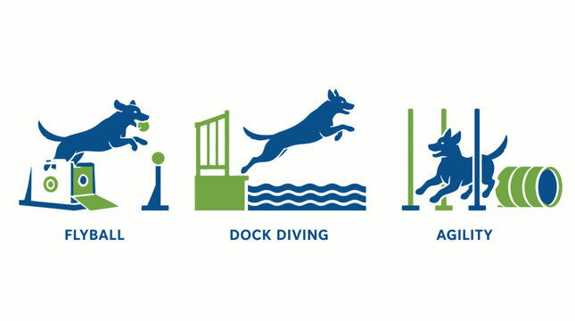 Dog sports icons for flyball, dock diving, and agility.
