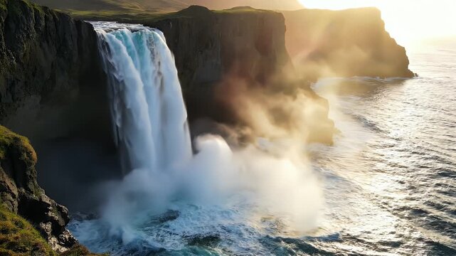 Majestic waterfall cascading into the ocean at sunset