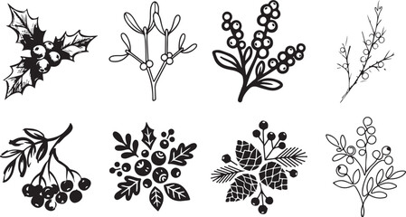 Set of hand drawn christmas plants and winter berries sketch illustrations for holiday design © OMESA