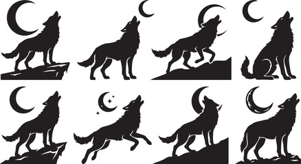 Black silhouette set of wolves howling at the crescent moon on rocks © OMESA