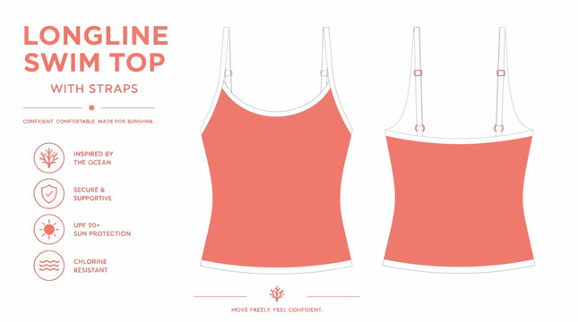 Technical design of women's longline swim top with straps.