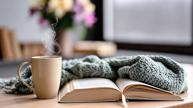 Libro abierto con taza de caf&eacute; humeante y manta en ambiente acogedor