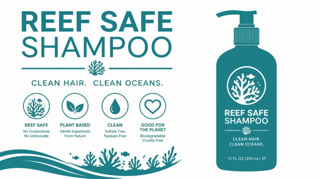 Reef safe shampoo bottle with eco-friendly marketing graphic.