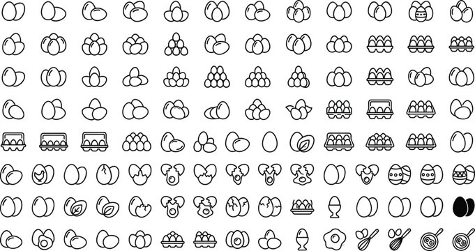 Overlapping Eggs Vector Line Icon Pack Featuring Carton Trays, Broken Shells, Fried Eggs, Nests, Whisks, and Easter Patterns for Food and Kitchen Logos