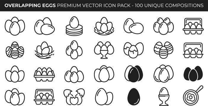 Overlapping Eggs Vector Line Icon Pack Featuring Carton Trays, Birds Nests, Fried Eggs, Egg Cups, and Easter Decoration Compositions for Food and Farming Logos